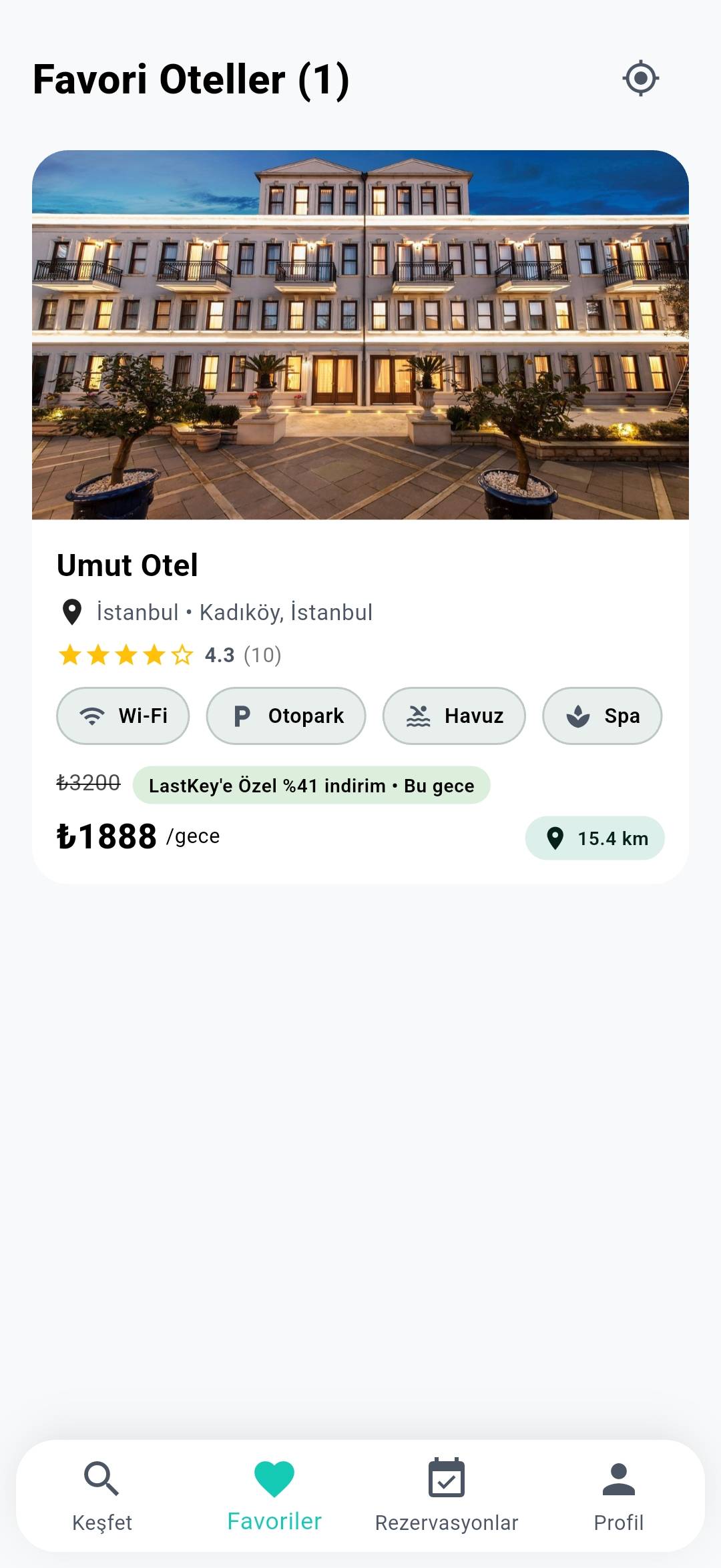 LastKey favori oteller ekranı