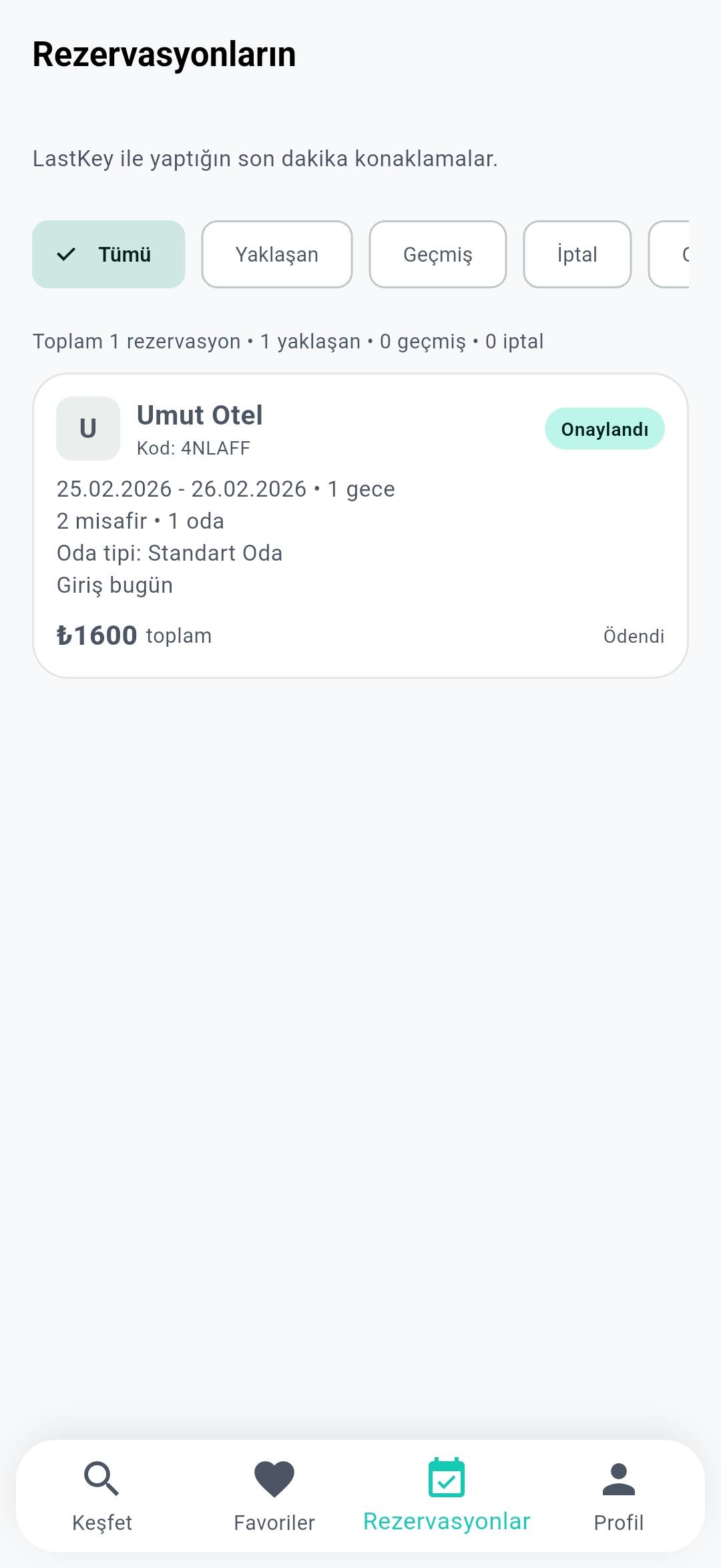 LastKey rezervasyonlarım ekranı