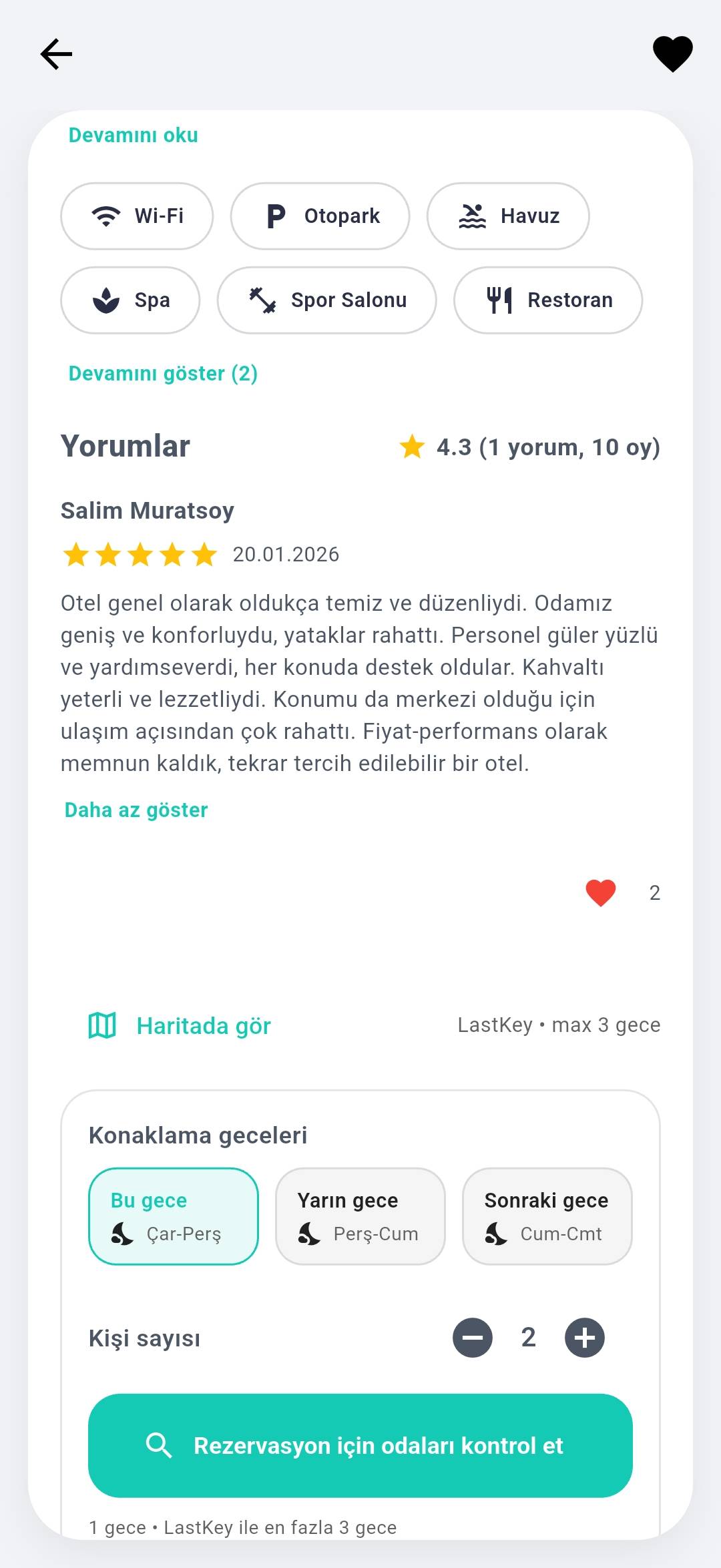 LastKey yorumlar ve konaklama seçenekleri ekranı