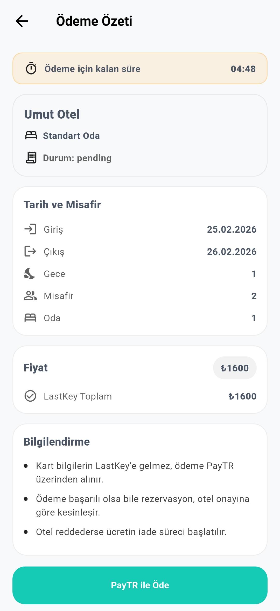 LastKey ödeme özeti ekranı